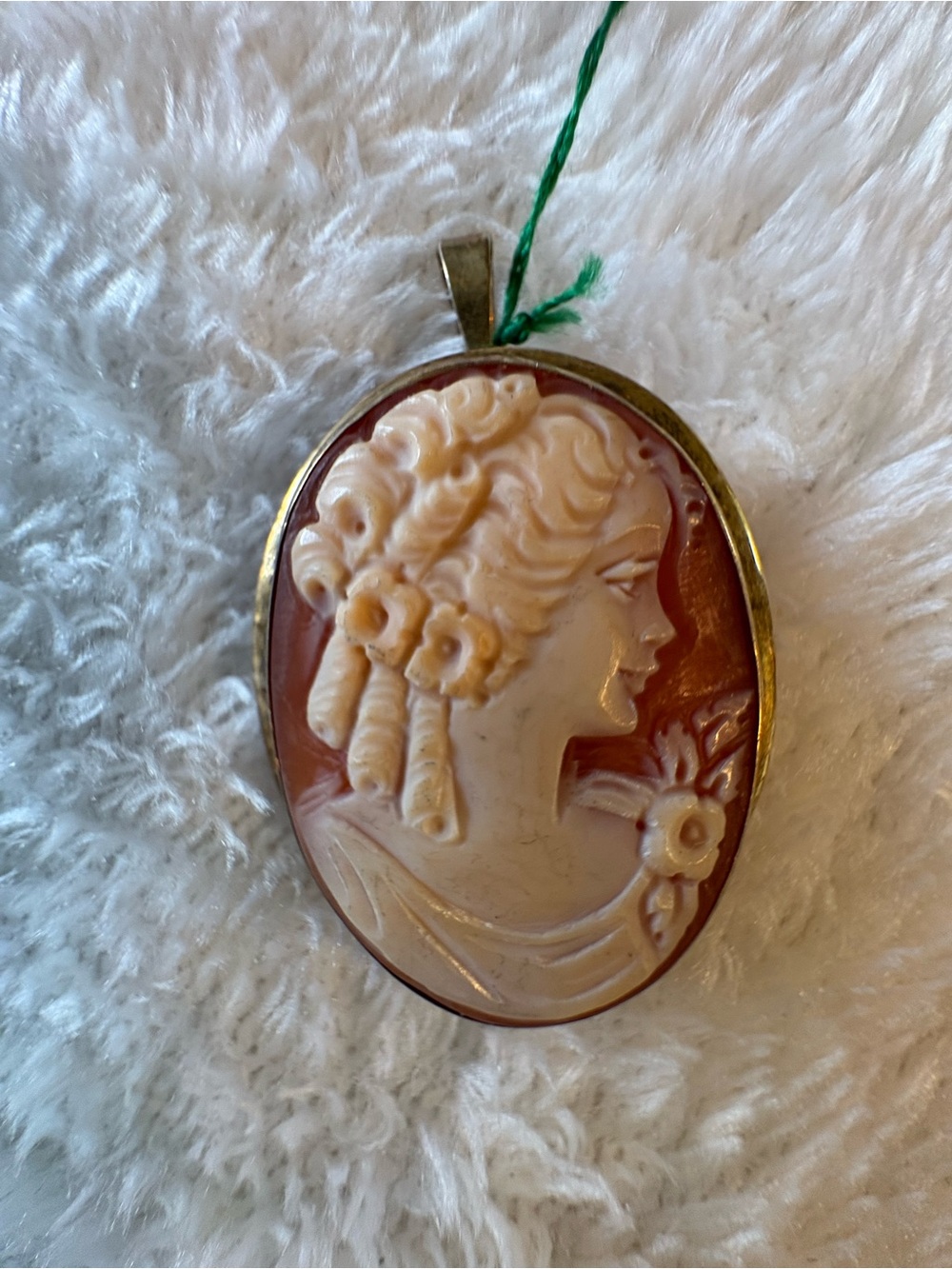 Carved signed Shell Cameo Pendant in Cream and Brown. Gold over 925 silver